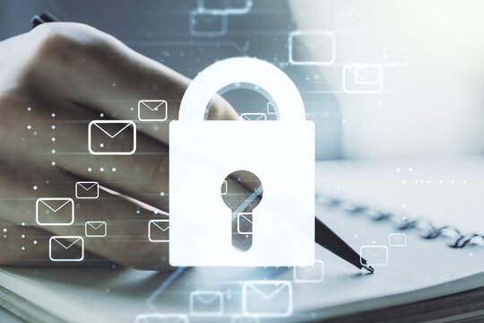 Creative lock sketch with email symbols hologram and man hand writing in notepad on background, protection of personal data concept. Multiexposure