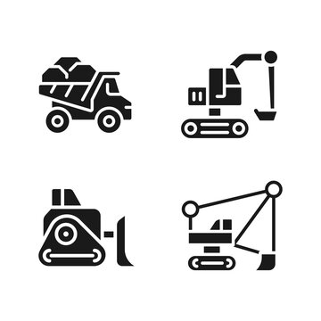 Mining vehicles black glyph icons set on white space. Heavy equipment. Coal mining industry. Excavator and bulldozer. Silhouette symbols. Solid pictogram pack. Vector isolated illustration