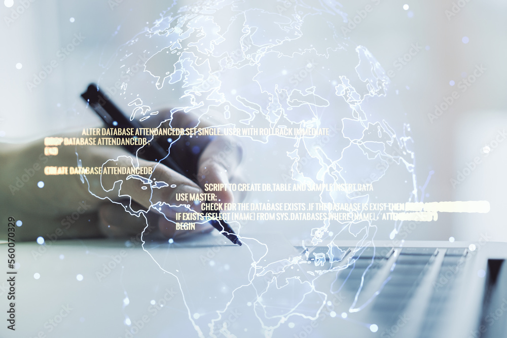 Poster double exposure of abstract programming language with world map and hand writing in notebook on back