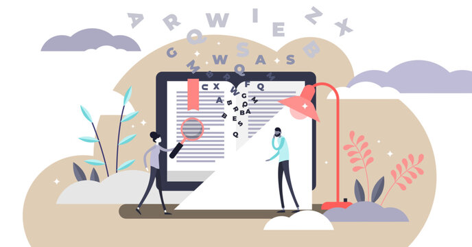 Dictionary illustration, transparent background. Flat tiny translation book persons concept. Abstract literature reading with flying letters study.