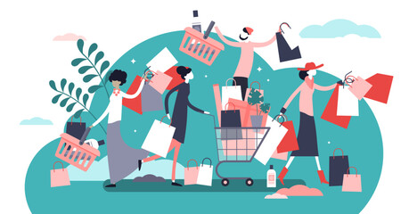 Shopping madness crowd flat tiny persons concept illustration, transparent background. Black Friday or better sale offer increasing sales and business growth. Happy customers with bags.