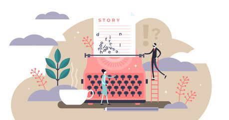 Story illustration, transparent background.Flat tiny literature text author persons concept.Abstract fantasy book writing.Narrative scene development with typewriter. - obrazy, fototapety, plakaty