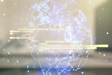 Double exposure of abstract creative programming illustration and world map on contemporary business center exterior background, big data and blockchain concept