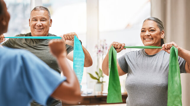 Physical Therapy, Stretching And Senior Couple With Nurse Teamwork, Support And Help In Rehabilitation Together. Elderly Black People Or Friends Smile With Band In Physiotherapy With Strong Progress