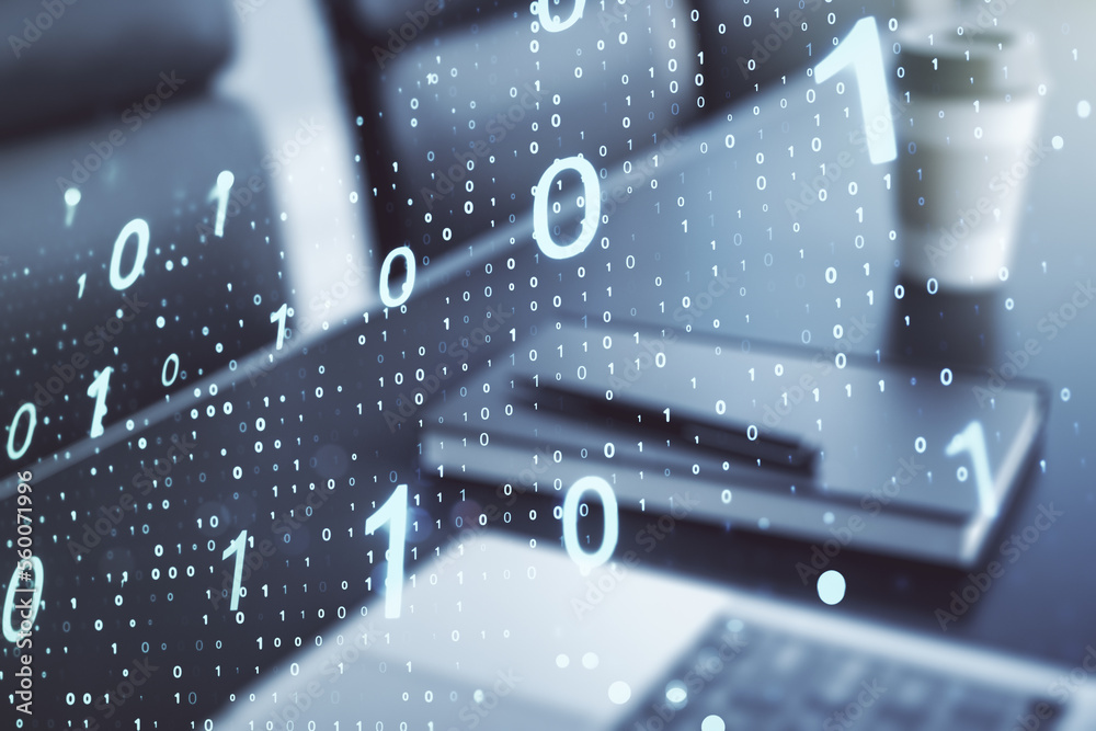 Leinwandbilder Double exposure of creative abstract binary code hologram on laptop background. Database and programming concept