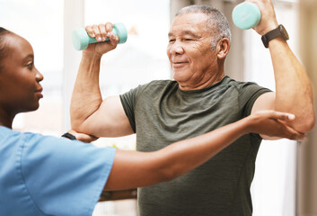 Medical, training and physiotherapy with dumbbell and old man with nurse for rehabilitation,...