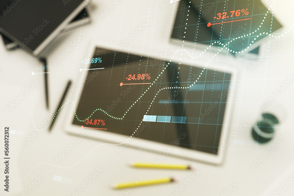 Poster Abstract creative analytics data spreadsheet and modern digital tablet on desktop on background, top view, analytics and analysis concept. Multiexposure