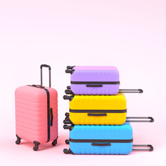 Colorful suitcase on pink background. 3D render of summer vacation concept