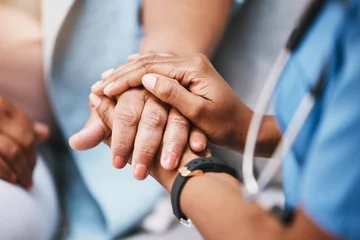 Foto op Plexiglas Oude deur Empathy, trust and nurse holding hands with patient for help, consulting support and healthcare advice. Kindness, counseling and medical therapy in nursing home for hope, consultation and psychology