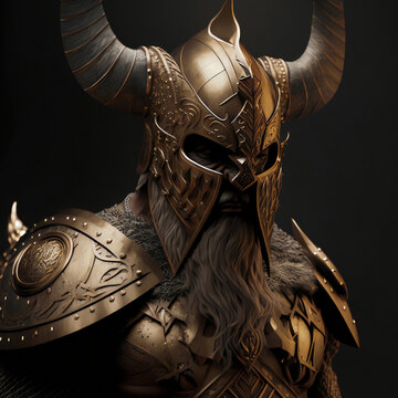 Techno viking in gold-silver armor. Generative AI.