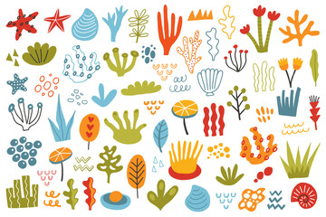 Cartoon ocean plants set. Underwater corals, flora, sea weeds, plants, wrack, laminaria, kelp, algae. Hand drawn marine vector Illustration. Water Life Isolated collection on White Background