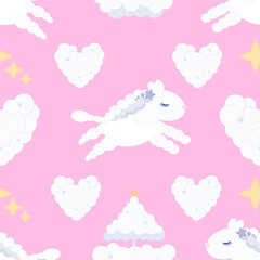  Cloud horses and hearts seamless pattern for baby girl fabric and kids textile. Nursery wallpaper design for little girls.