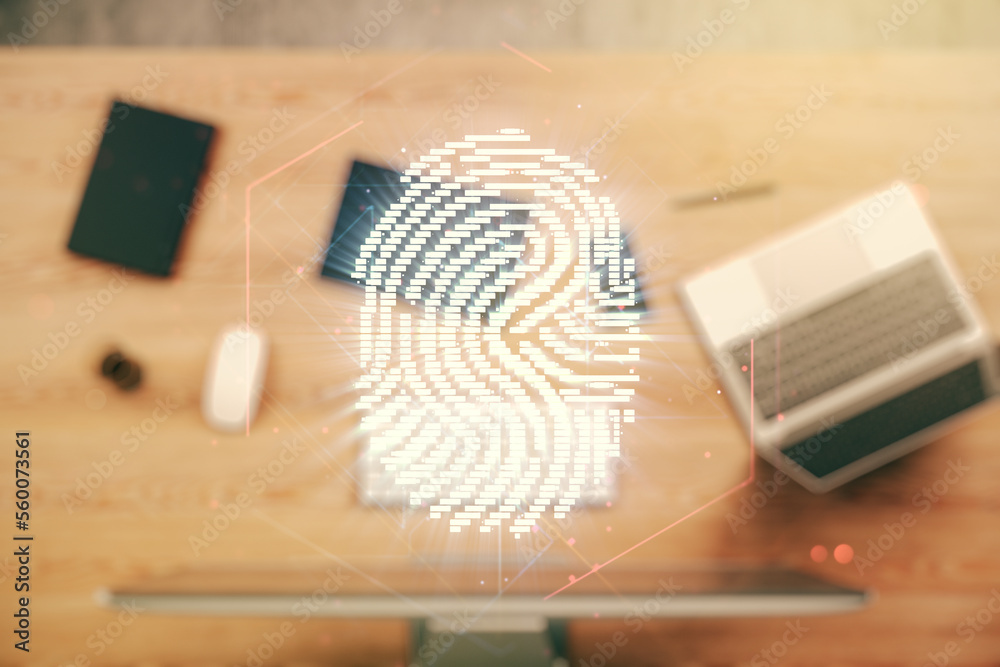 Poster multi exposure of abstract fingerprint scan interface on computer background, digital access concept