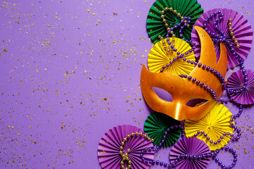Mardi gras.Holidays mardi gras masquarade, venetian mask  fan over purple background. view ...