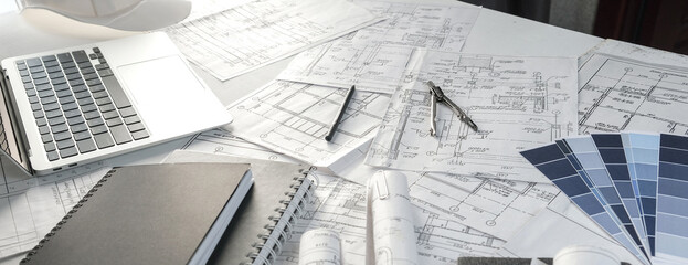 Architects concept, engineer architect designer freelance work on start-up project drawing, construction plan. architect design working drawing sketch plans blueprints and making construction model