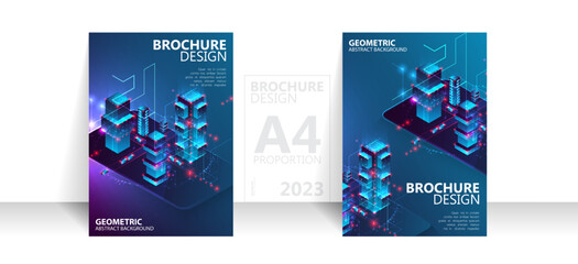 Fototapeta na wymiar Brochure template flyer background for business design in A4 proportion. Isometric big data processing concept, cloud database.