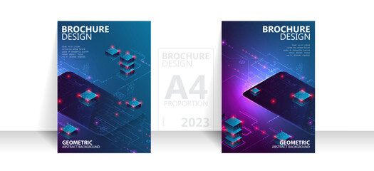 Brochure template flyer background for business design in A4 proportion. Isometric big data processing concept, cloud database.