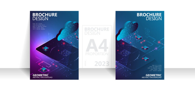 Brochure template flyer background for business design in A4 proportion. Isometric big data processing concept, cloud database.