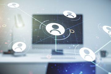 Double exposure of social network icons concept with modern laptop on background. Marketing and promotion concept