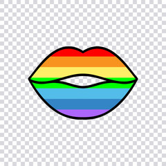 Illustration of lips color of the rainbow with black outline. Isolated Symbol. Vector Icon of cool sexy kisses. Flat cartoon sign for print, comics, fashion, pop art, design, stickers, and posters.