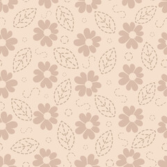 Neutral beige flowers and leaves seamless pattern for baby fabric, stationery or notebook cover. Doodle style.