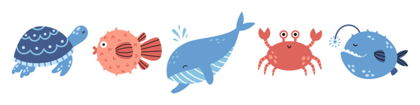 Vector marine set with sea animals. Whale, sea crab, turtle, globefish and angler fish. Sea life.