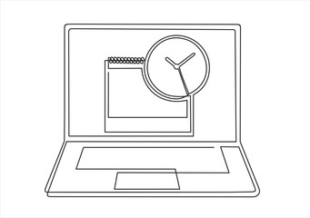 Continuous line drawing or one line drawing of Calendar and clock on laptop screen. Schedule concepts. Modern line art design graphic elements. Vector illustration
