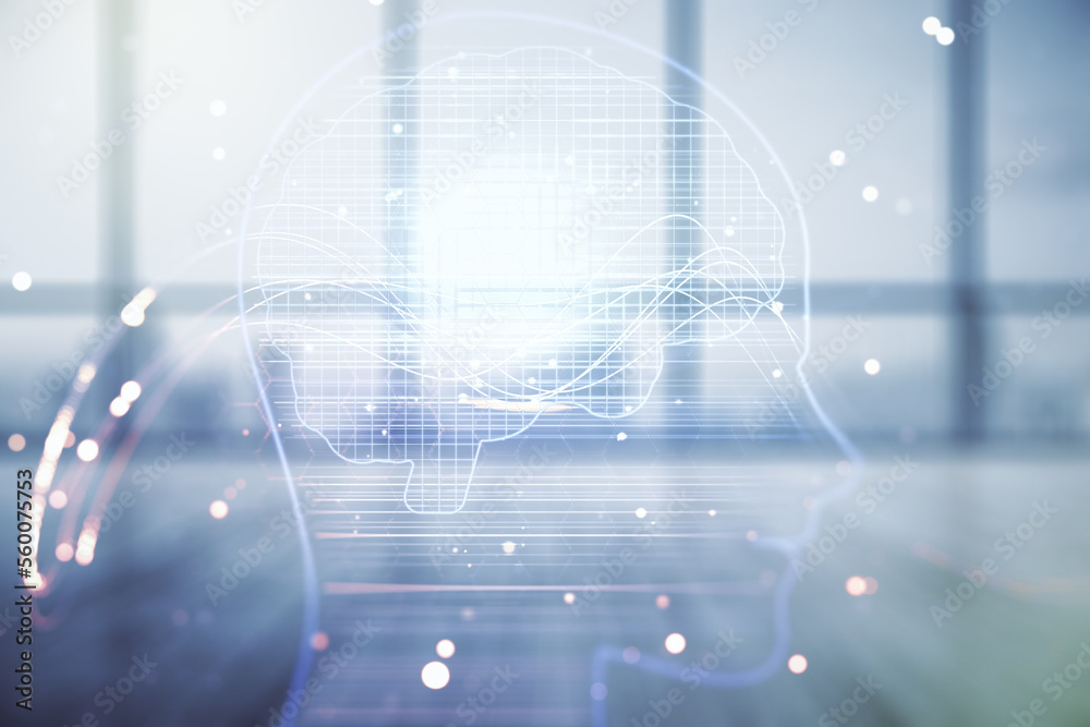 Poster double exposure of creative artificial intelligence hologram on empty modern office background. neur