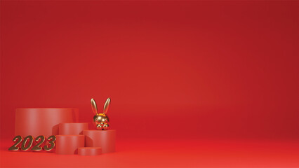 chinese new year 2023 concept. Simple showcase scene with empty podium stage for product presentation and rabbit. top view and copy space template, layout useful for best wishes and shopping concept. - obrazy, fototapety, plakaty