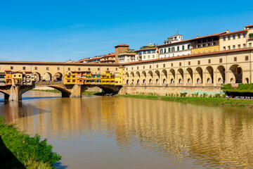 Ponte Vecchio bridge and Vasari corridor over Arno river in Florence, Italy
