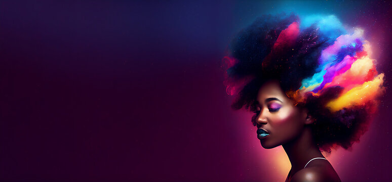 A beautiful black woman with an afro that slowly turns into a fiery nebula of vibrant colors. Purple banner with copy space. Generative AI.