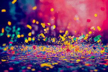 Colorful confetti in front of colorful background with bokeh for carnival, Generative AI Art Illustration - obrazy, fototapety, plakaty