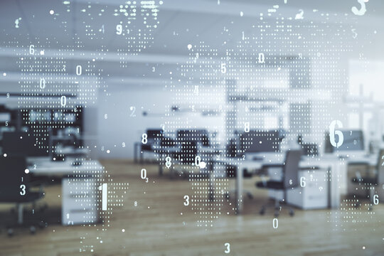 Multi exposure of abstract creative coding sketch and world map on a modern furnished office background, artificial intelligence and neural networks concept