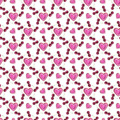 Watercolor seamless Valentine's Day pattern, Hearts and cherries repeat print, Romatic background, Cute  pattern with cherries and hearts, Hand-drawn watercolor illustration,  Food seamless wallpaper