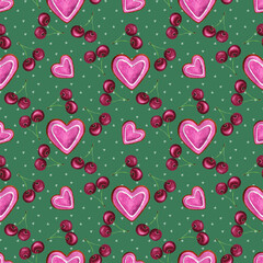 Watercolor seamless Valentine's Day pattern, Hearts and cherries repeat print, Romatic background, Cute  pattern with cherries and hearts, Hand-drawn watercolor illustration,  Food seamless wallpaper