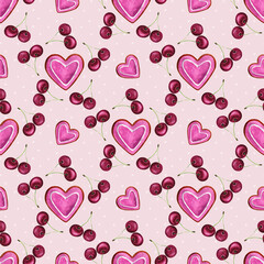Watercolor seamless Valentine's Day pattern, Hearts and cherries repeat print, Romatic background, Cute  pattern with cherries and hearts, Hand-drawn watercolor illustration,  Food seamless wallpaper