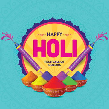 Vector illustration of colourful Happy Holi. colours in different bowl and pichkari