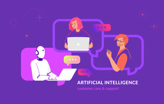 Artificial intelligence customer care and service support. Flat vector illustration of two teenagers texting to chatbot using smartphones. Virtual intelligent assistance, customer care and help desk