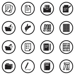 Office And Paperwork Icons. Black Flat Design In Circle. Vector Illustration.