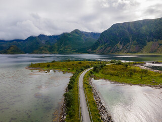 Fototapeta na wymiar road over dam of Grunnførfjord on Lofoten in Norway