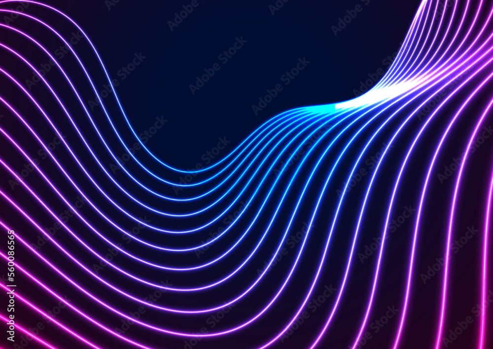 Wall mural blue ultraviolet neon wavy lines abstract shiny retro background. futuristic glowing vector design