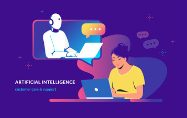 Chatbot ai and customer service online chat. Gradient vector illustration of young woman texting to chatbot using laptop. Virtual intelligent assistant consulting, customer online support and helpdesk