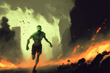 Obraz na płótnie Canvas Zombies are running in a blazing city