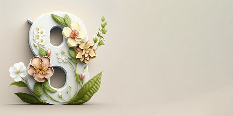 Illustration of number 8 and floral decoration for background and banner for 8th march women's day with copy space - obrazy, fototapety, plakaty