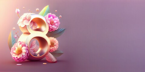 Illustration of number 8 and floral decoration for background and banner for 8th march women's day with copy space