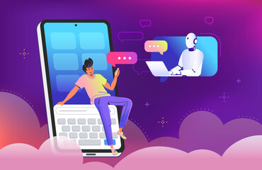 Chatbot ai and customer service helpdesk. Gradient vector illustration of man sitting on smartphone keyboard and texting to chatbot. Virtual intelligent assistant for consulting, support and help desk