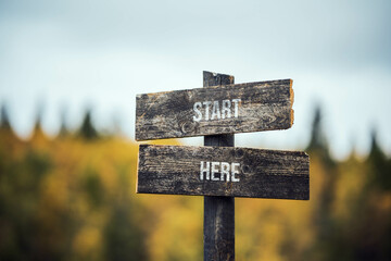 vintage and rustic wooden signpost with the weathered text quote start here, outdoors in nature. blurred out forest fall colors in the background. - obrazy, fototapety, plakaty