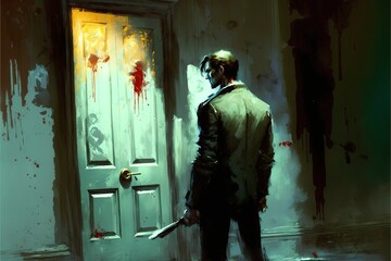 Fototapeta na wymiar A man stands in front of a creepy door, crepe horror illustration