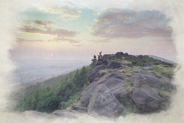 The Roaches. Sunset digital watercolor painting in the Peak District National Park.