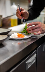 chef cooking slice salmon fish and shrimp with salad on kitchen